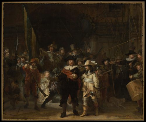 Dutch:  Officieren en andere schutters van wijk II in Amsterdam, onder leiding van kapitein Frans Banninck Cocq en luitenant Willem van Ruytenburch, bekend als ‘De Nachtwacht’ The Night Watch — The Baroque Era