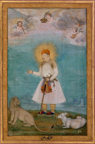 "Akbar With Lion and Calf", Folio from the Shah Jahan Album — Mughal Art