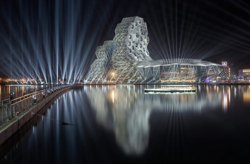Kaohsiung Music Center and Great Tiger Bridge during 2022 Taiwan Lantern Festival — Postmodern Art